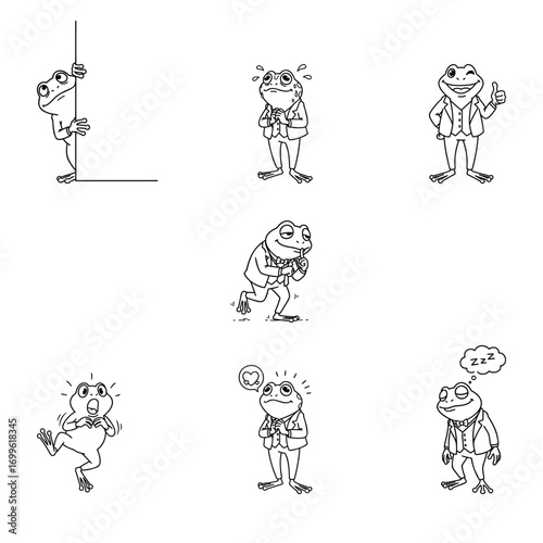 Frog character set showing various emotions and actions. Vector illustration of a cartoon mascot being happy sad surprised shy and in love.