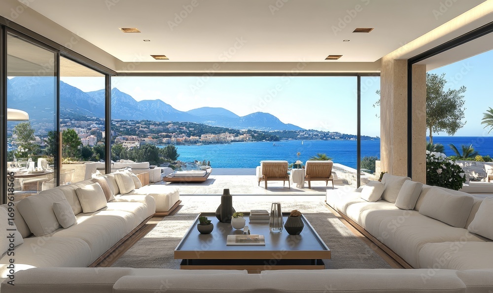 Obraz premium Luxury villa with terrace and floor to ceiling panoramic window with amazing sea view. Interior design of modern living room. Created with, Generative AI