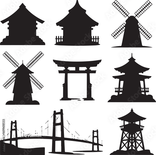 Collection of Architectural Silhouettes Including Pagodas Windmills and Bridges Keywords