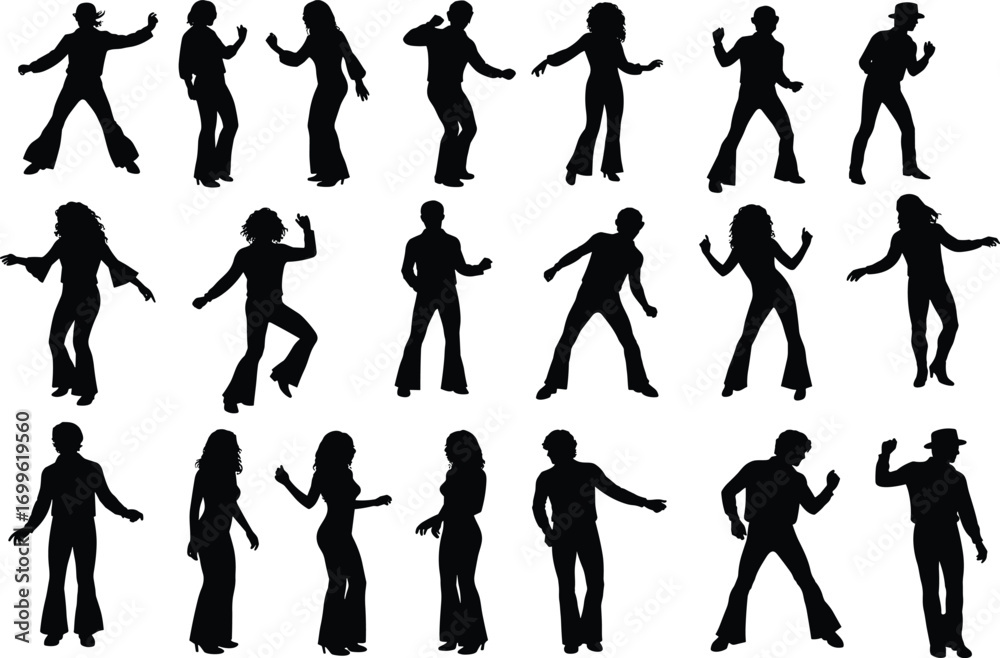 Naklejka premium Silhouette Dance Poses Collection in Grid Format Featuring Dynamic Human Movements, Rhythm, and Highlighted Figure for Creative Design Projects
