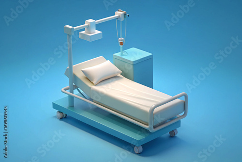 Stylized Hospital Bed with IV Drip on a Blue 3D Background medical healthcare