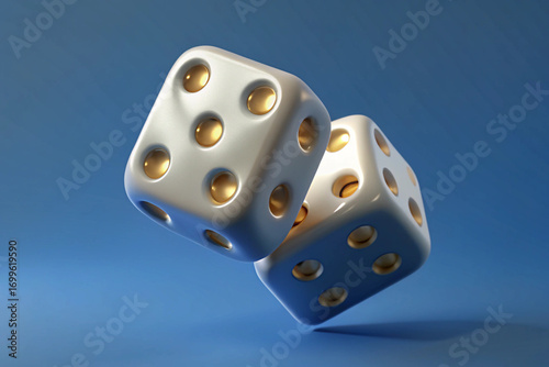 Two 3D White Dice with Gold Pips Floating Against a Blue Background gambling game