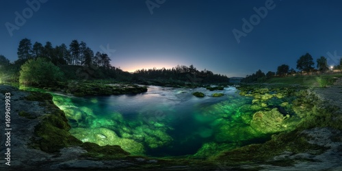Stunning hdr panorama of serene river landscape at dusk vibrant colors and tranquil atmosphere peaceful nature environment