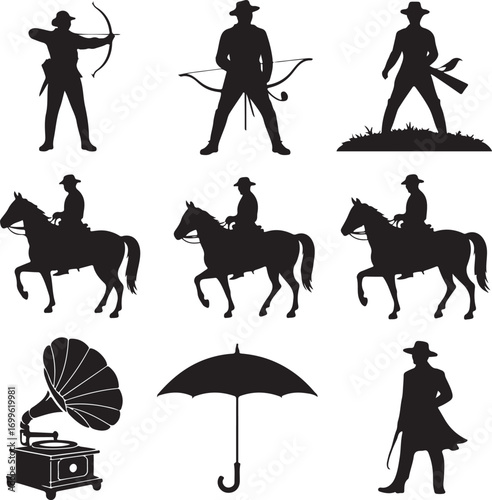 Silhouette collection of cowboy figures, horse riders and vintage objects Keywords: silhouette
