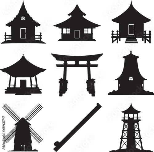 Silhouette Collection of Asian Buildings Windmill and Lighthouse pagoda torii gate