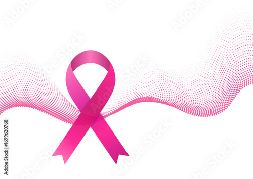Breast cancer awareness month. Pink ribbon and dotted wavy lines