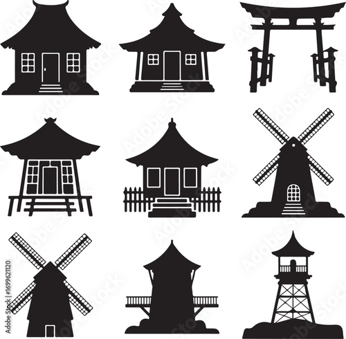 Japanese Pagoda Windmill Lighthouse and Torii Gate Silhouettes Keywords: japanese architecture
