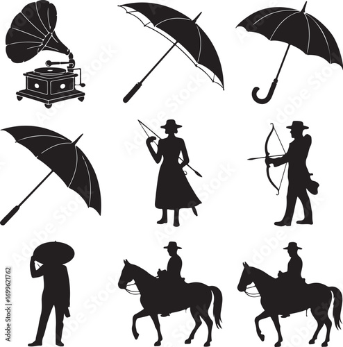Gramophone, Umbrellas, Archer and Horse Riders Silhouettes Collection vector