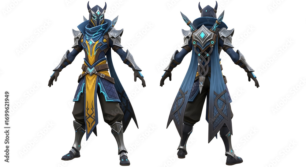 Fototapeta premium A striking futuristic warrior, ready for action. This detailed character design is ideal for games, sci-fi projects, any creative endeavor requiring a bold, dynamic visual. Isolated white background
