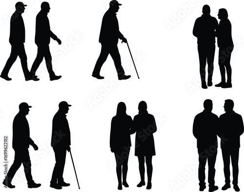 Silhouettes of People Walking and Standing in Pairs – Elderly, Cane, Companionship, Accessibility, Social Interaction, Vector Illustration