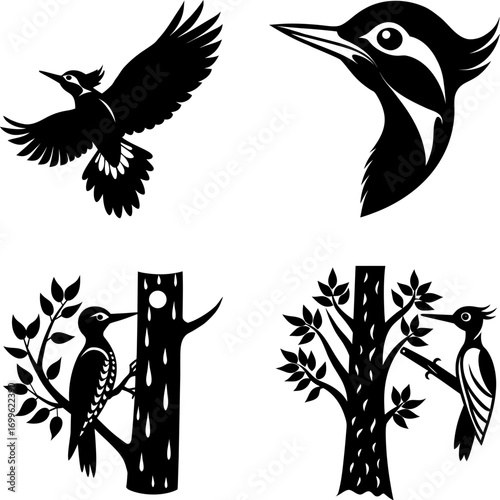 woodpecker silhouette vector, Black silhouette of woodpecker vector bundle logo illustration set, woodpecker head art, woodpecker  vector illustration