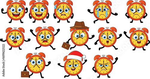 Cartoon alarm clock characters with expressive faces, accessories, and emotions for educational, themed, and playful time-related designs