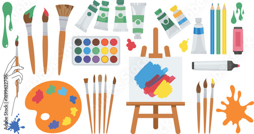 Vector illustration of painting and drawing tools including brushes, palette, easel, pencils, paint tubes, and color tray for art themes
