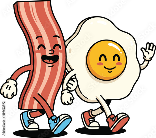 Cartoon bacon and egg characters walking together, breakfast friendship, cute food illustration, anthropomorphic snack, fun morning vector design