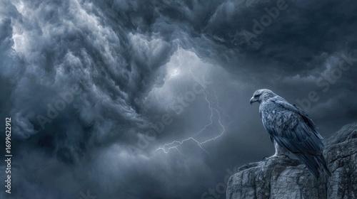 Eagle on Rock Ledge with Lightning Storm Backdrop