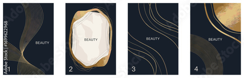 Set of abstract beauty cards with gold accents and dark backgrounds—ideal for branding, luxury design, and modern graphic content.