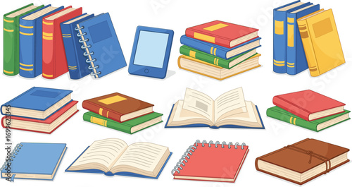 Colorful vector illustration of stacked books, notebooks, open pages, and digital tablet for education, reading, and learning concepts