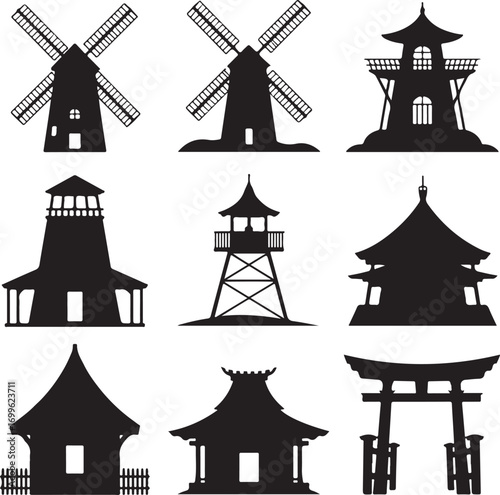 Windmills Pagodas Torii Gate and Traditional House Silhouettes Keywords: windmill, pagoda, torii