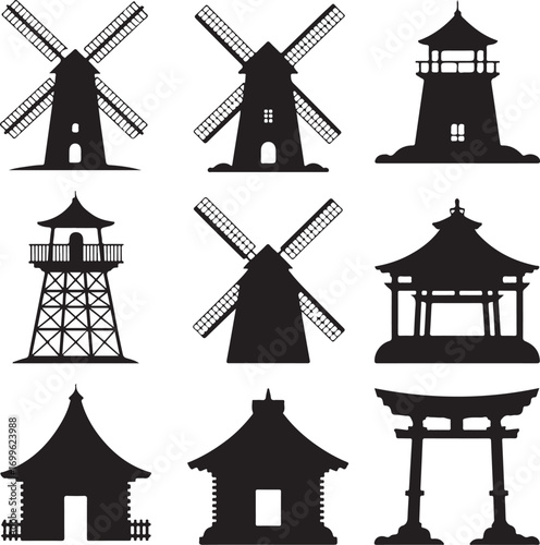 Collection of Silhouette Architectural Structures and Windmills lighthouse pagoda