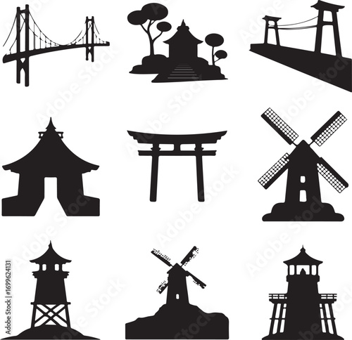 Assortment of Silhouette Bridges, Pagodas, Windmills and Lighthouses suspension bridge