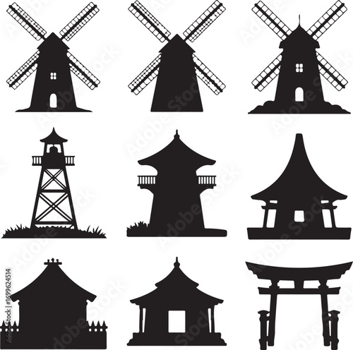 Windmills Pagodas Torii Gate and Traditional House Silhouettes Keywords: windmill, pagoda, torii
