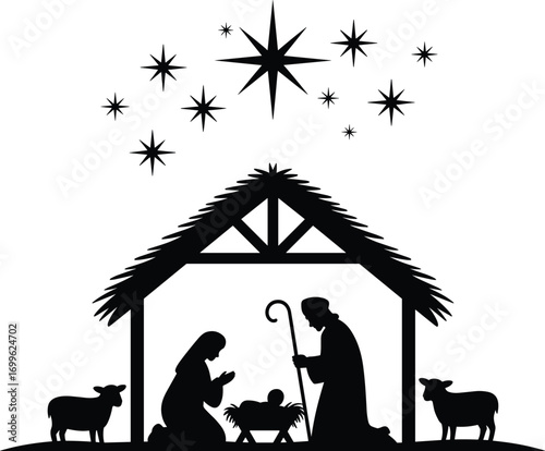 Nativity scene silhouette with baby Jesus in manger, Mary and Joseph praying, two sheep, stable, bright stars shining above