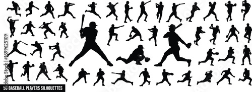 50 baseball players silhouettes, vector clipart, baseball poses, batter, pitcher, catcher, runner, sports silhouettes, athletic action figures