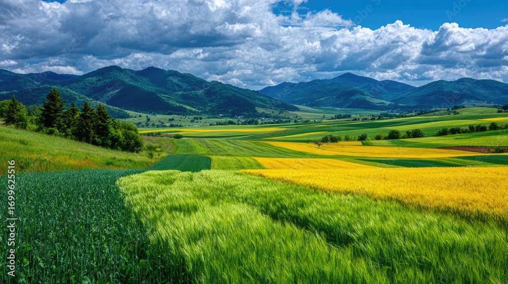 Obraz premium Agricultural growth showing benefits of healthy soil concept. Vibrant landscape showcasing rolling hills and colorful fields.