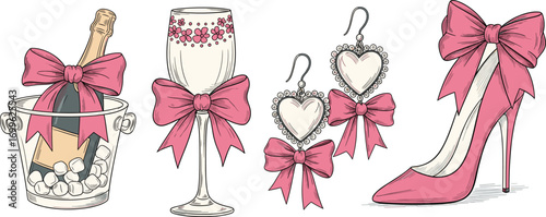 Elegant cartoon celebration set with champagne, wine glass, earrings, and high heel shoe—all adorned with pink bows for festive design