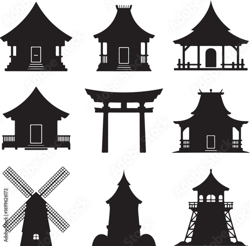 Assortment of Black Silhouettes Featuring Asian Buildings and Windmills Keywords: silhouette, asian
