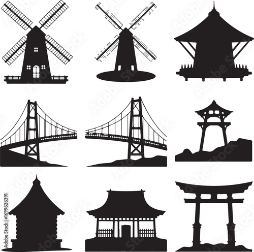 Group of Silhouettes Featuring Windmills Bridges and Asian Structures Keywords: silhouette