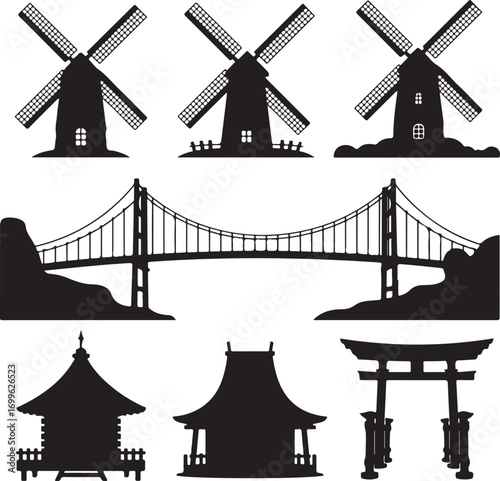 Collection of Silhouetted Windmills Bridge and Asian Architecture Icons Keywords: windmill