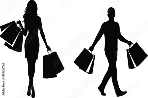 Silhouette of stylish shoppers walking with shopping bags, fashion retail concept, consumer lifestyle, black vector art on white background
