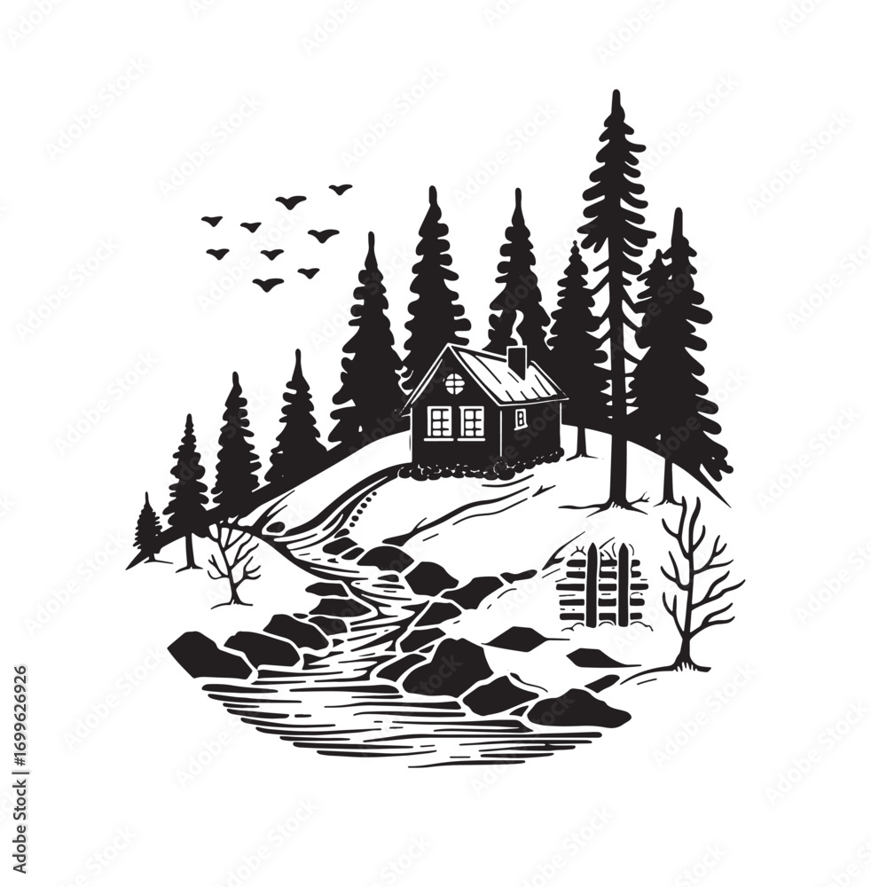 Obraz premium mountain cabin silhouette vector illustration 