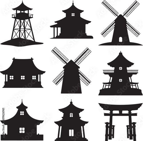 Set of Silhouetted Windmills and Traditional Asian Buildings Keywords: windmill, silhouette