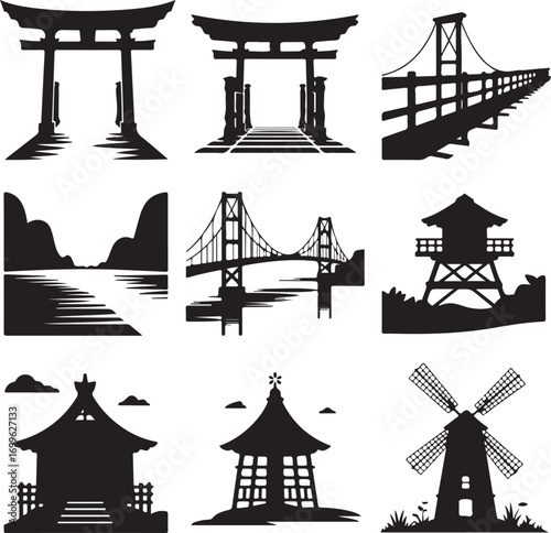 Japanese Torii Gates Bridges Pagodas and Windmill Silhouettes Keywords: torii gate, japanese gate
