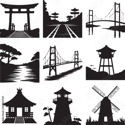 Japanese Torii Gates Bridges Pagodas and Windmill Silhouettes Keywords: torii gate, japanese gate