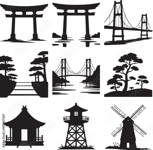 Japanese Torii Gates Bridges Pagodas and Windmill Silhouettes Keywords: torii gate, japanese gate