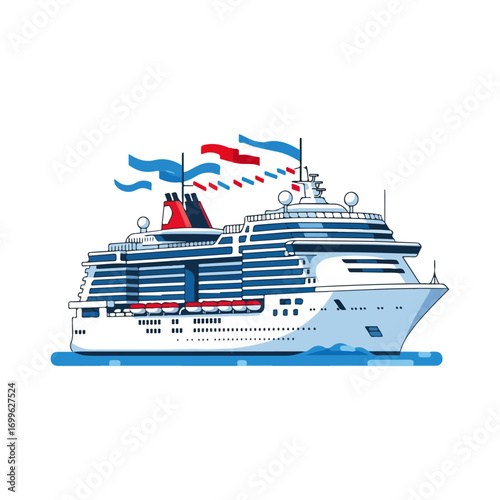 Cruise Ship Floating on Water Vector Illustration