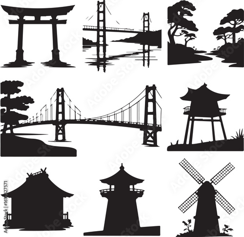 Japanese Torii Gates Bridges Pagodas and Windmill Silhouettes Keywords: torii gate, japanese gate