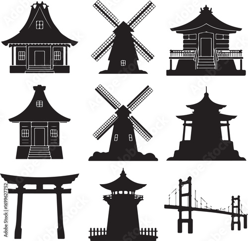 Collection of Silhouetted Traditional Buildings and Structures Keywords: silhouette, building