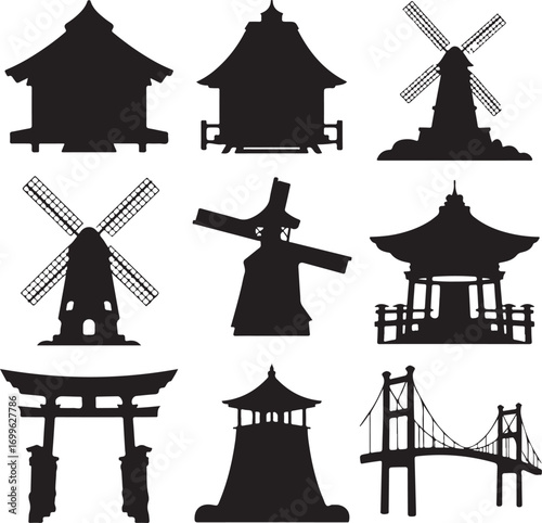 Diverse Silhouettes of Traditional Asian and European Architectural Elements Keywords: silhouette