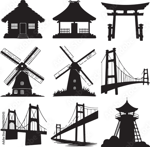 Collection of black silhouettes of iconic buildings and structures architecture