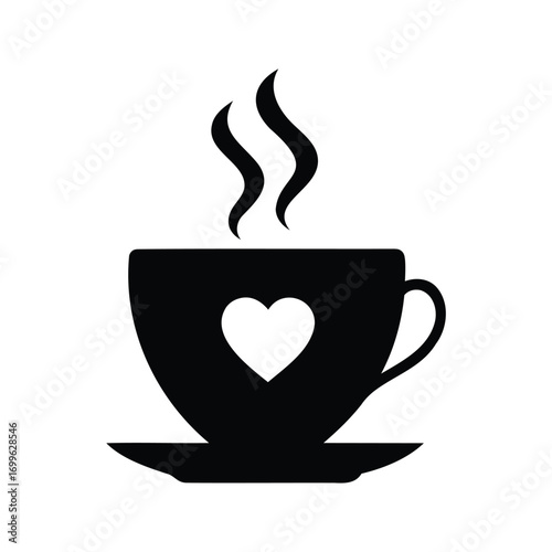 A minimalist black silhouette of a coffee cup with heart and steam design, coffee cup with heart steam silhouette vector illustration