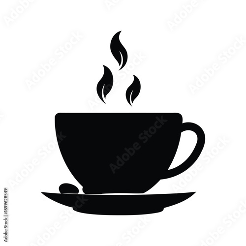 A steaming cup of coffee resting on a saucer with coffee beans, coffee cup with beans silhouette vector illustration