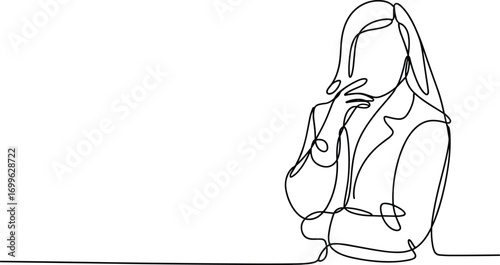 Minimalist line art of thoughtful businesswoman, modern female portrait, professional woman thinking, abstract continuous line drawing, confident leader, creativity, stylish, elegant, simple design, 