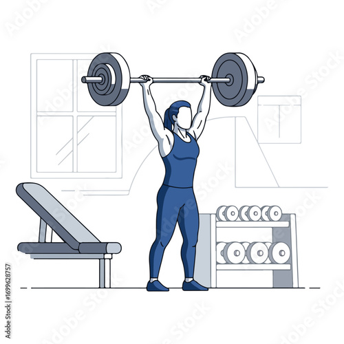 Minimalist Woman Weightlifting Barbell Indoor Vector Art