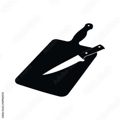 Monochrome Still Life of a Knife Resting on a Wooden Cutting Board, cutting board with knife silhouette vector illustration