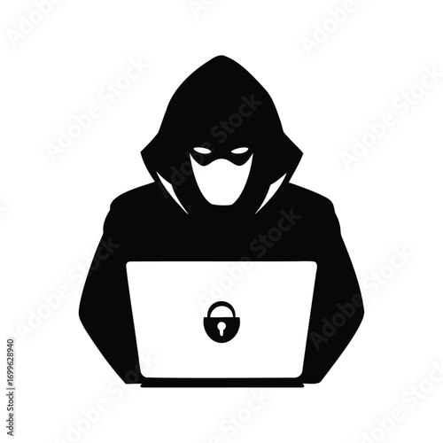 An Anonymous Hacker Working on a Laptop to Breach a Network Security, hacker cracking encryption silhouette vector illustration