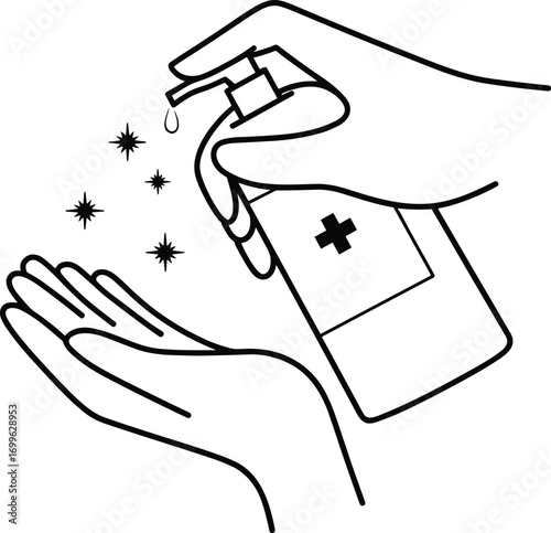 Black and white line art of hands applying hand sanitizer, hygiene and cleanliness concept, perfect for health, safety, wellness, prevention, and medical related designs and awareness